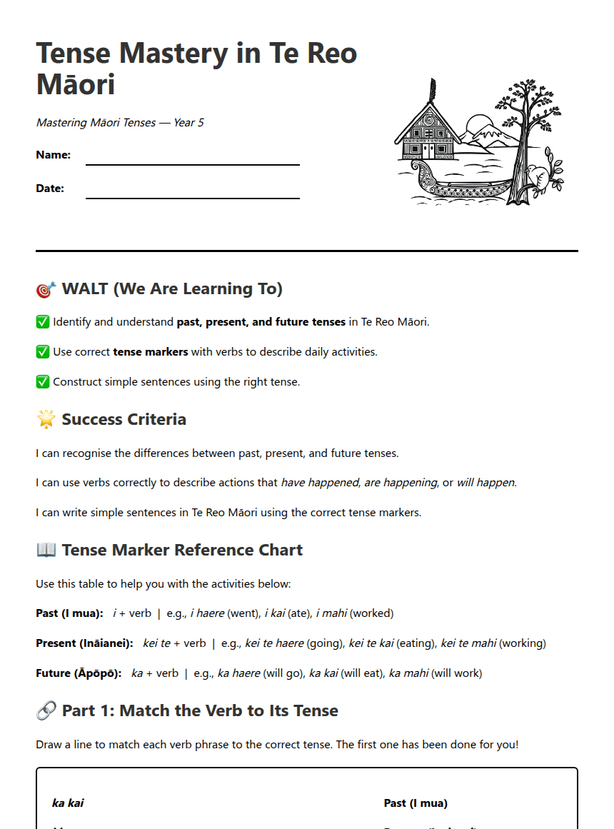 Tense Mastery in Te Reo worksheet preview