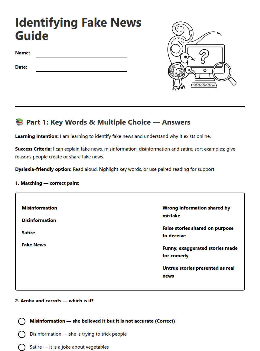 Identifying Fake News Guide worksheet preview