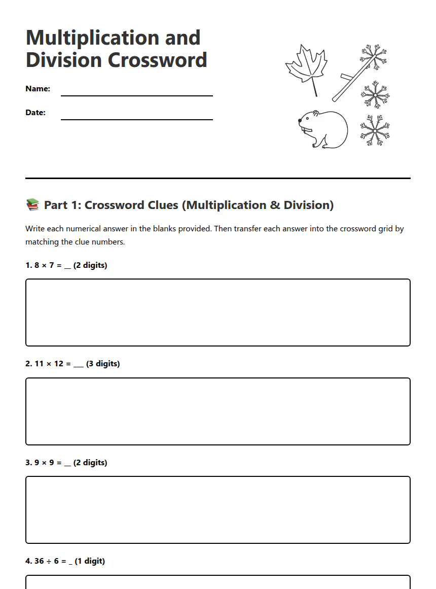 Multiplication and Division Crossword worksheet preview