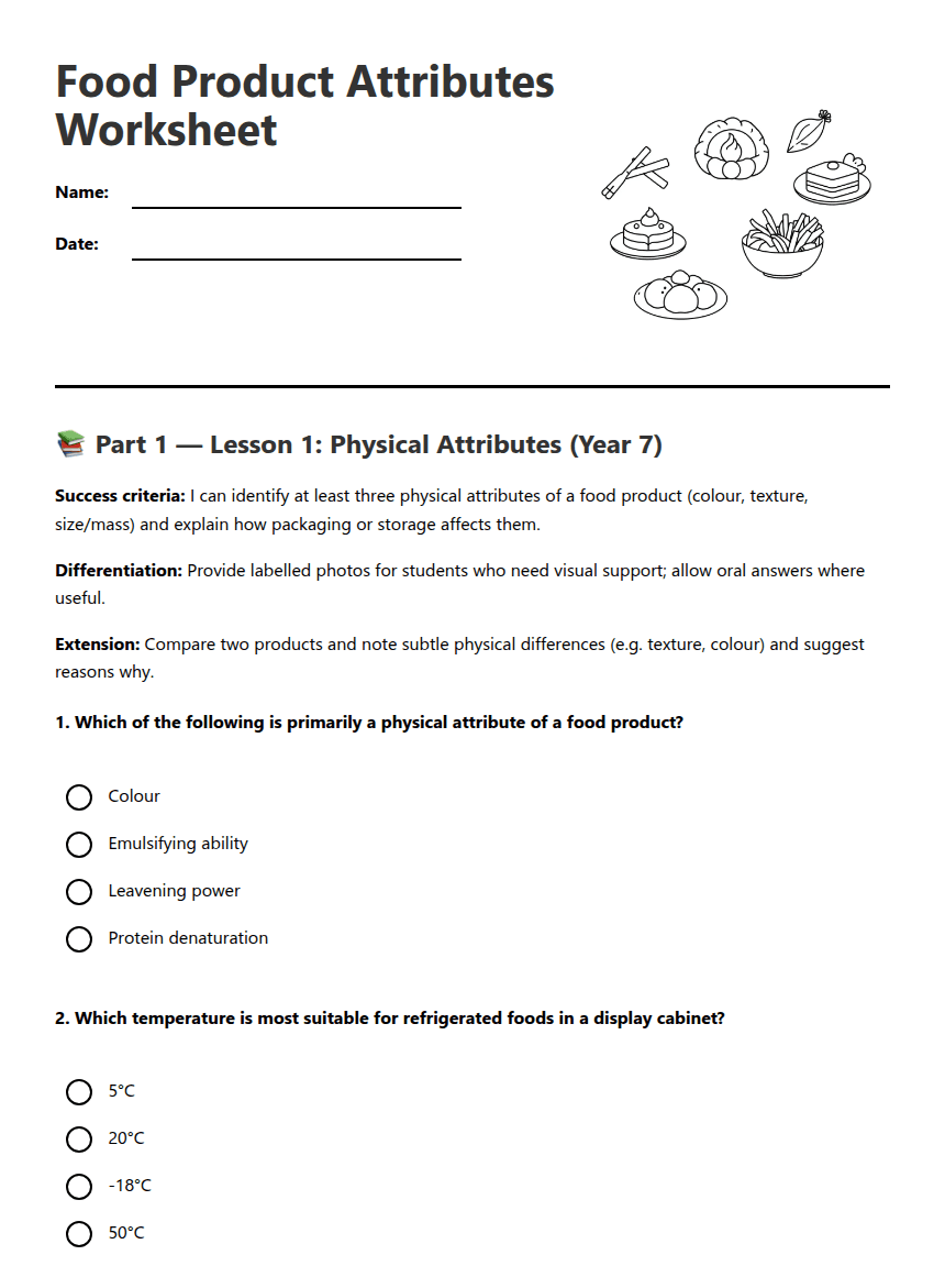 Food Product Attributes Worksheet worksheet preview