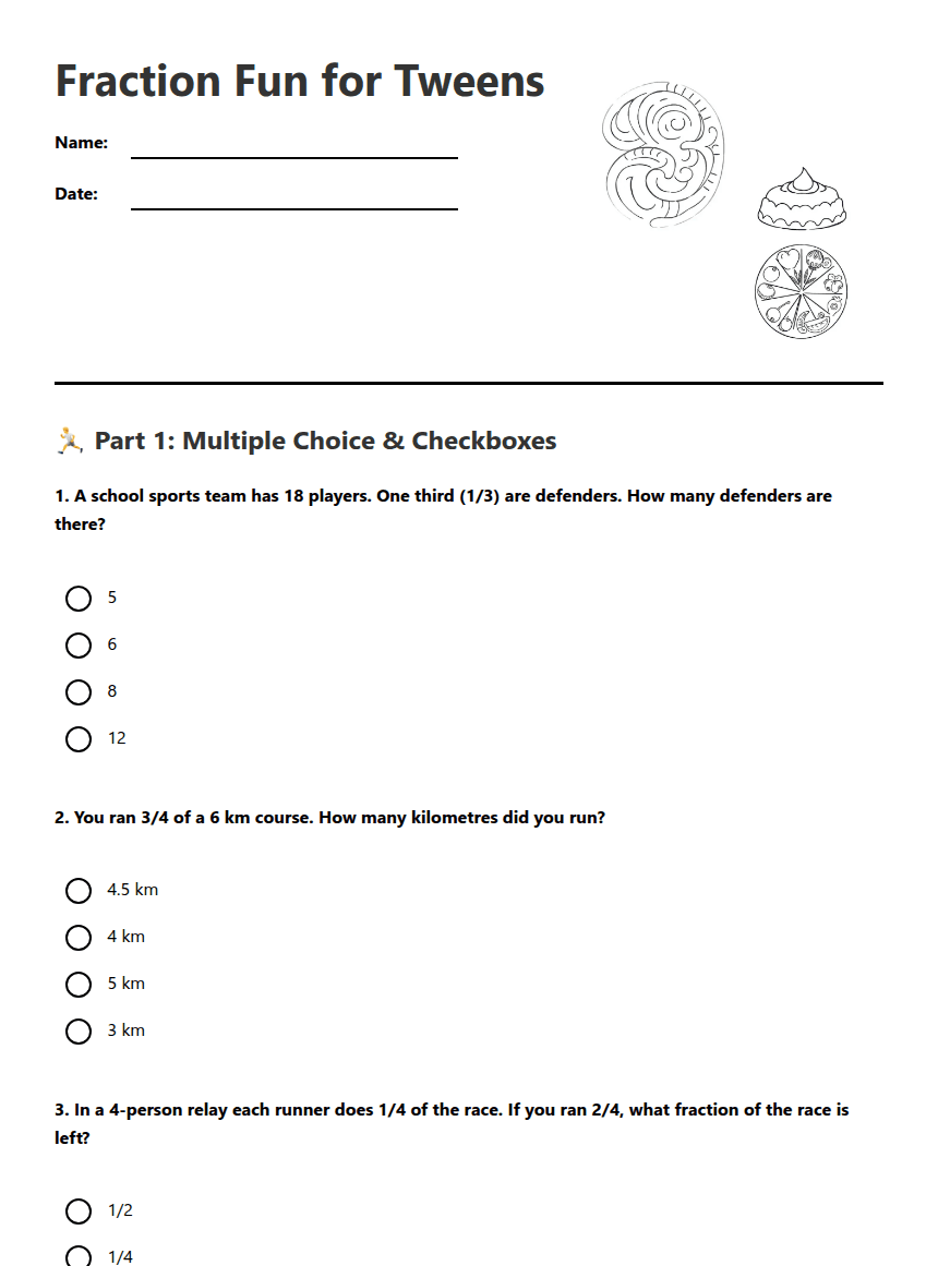 Fraction Fun for Tweens worksheet preview
