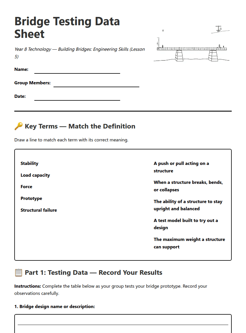 Bridge Testing Data Sheet worksheet preview