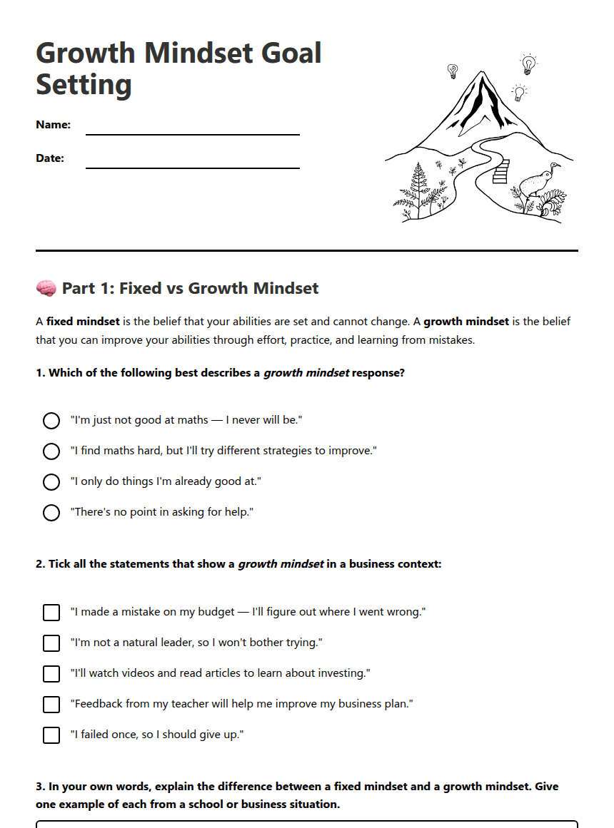 Growth Mindset Goal Setting worksheet preview