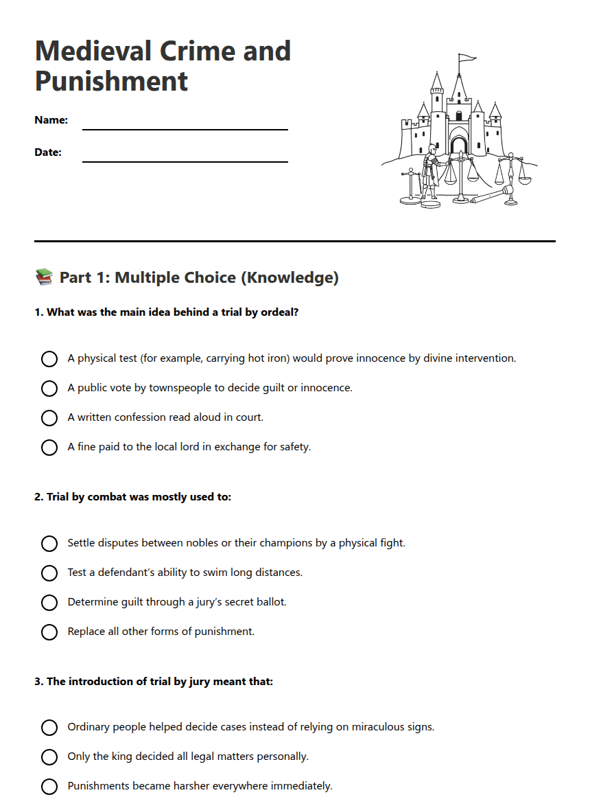 Medieval Crime and Punishment worksheet preview