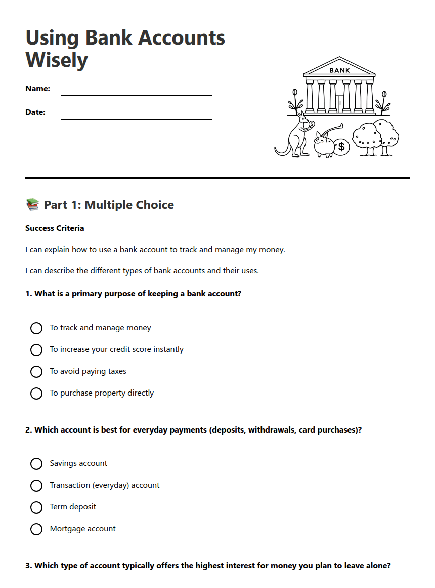 Using Bank Accounts Wisely worksheet preview