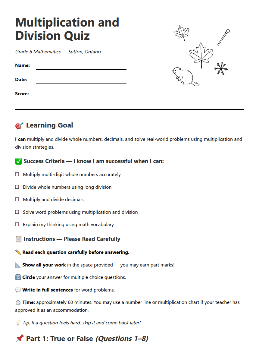 Multiplication and Division Quiz worksheet preview