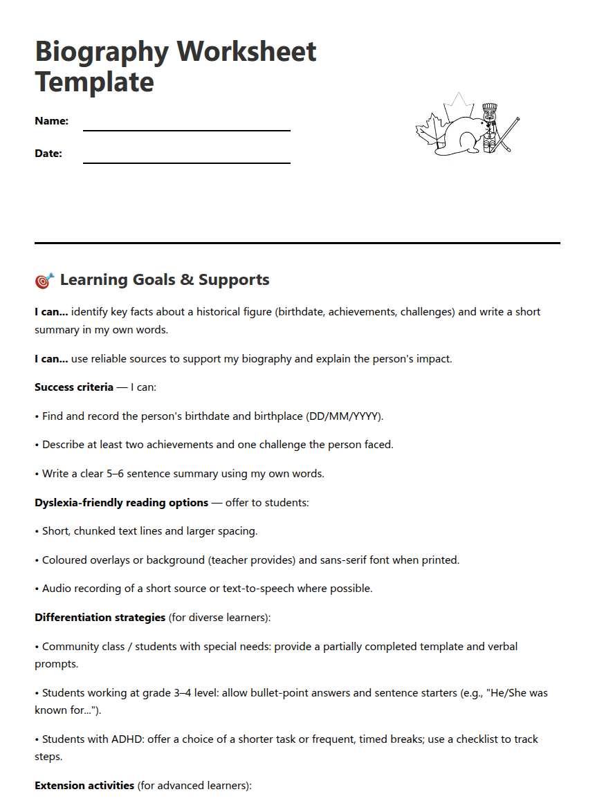 Biography Worksheet Template worksheet preview