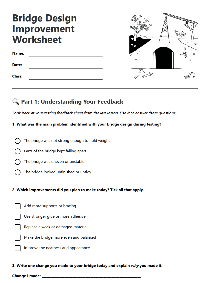 Bridge Design Improvement Worksheet worksheet preview