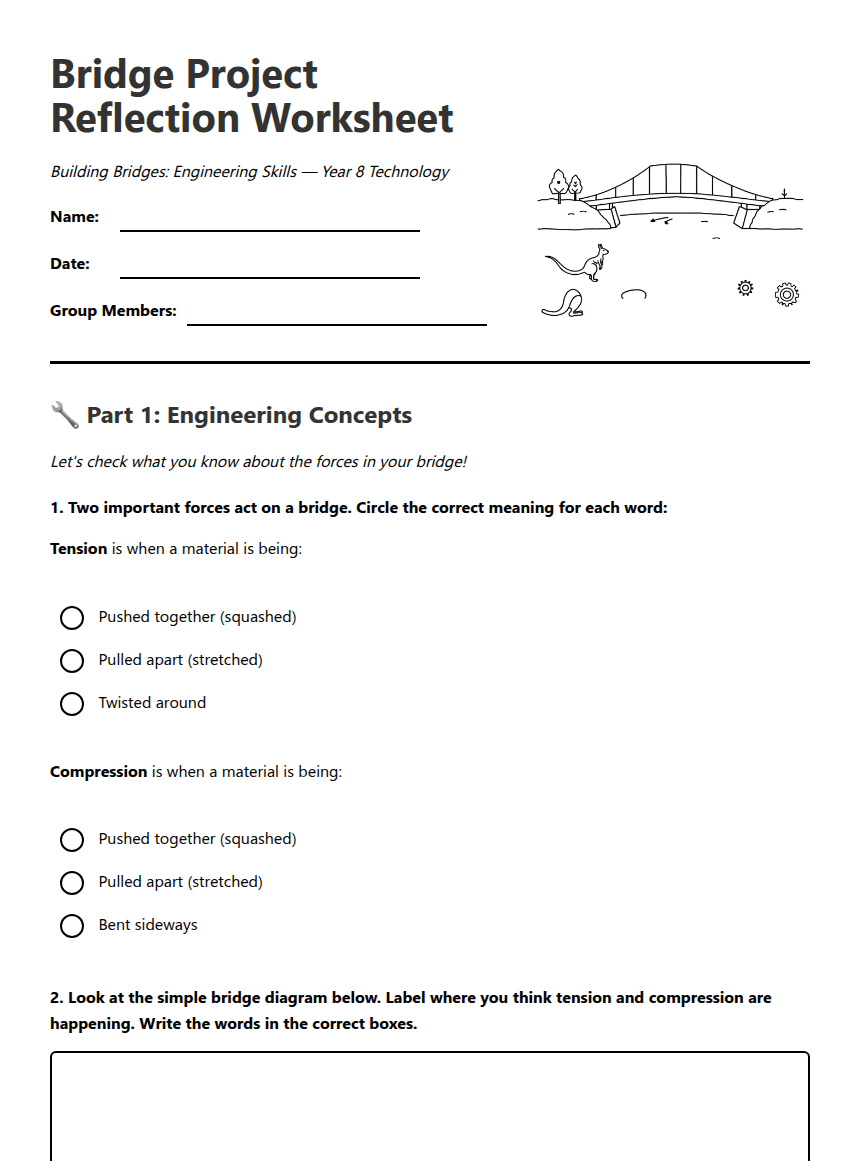 Bridge Project Reflection Worksheet worksheet preview