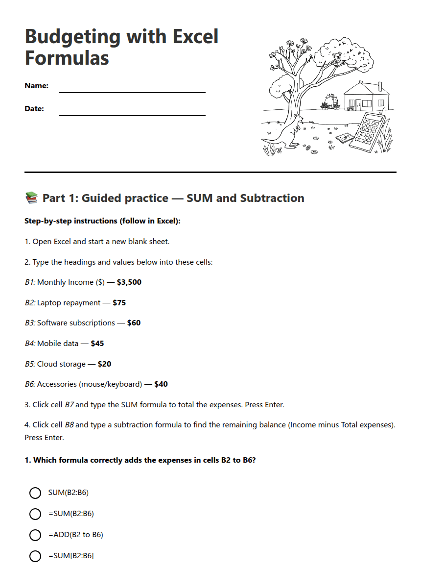 Budgeting with Excel Formulas worksheet preview