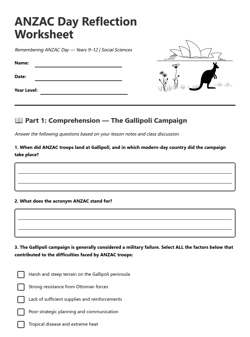 ANZAC Day Reflection Worksheet worksheet preview