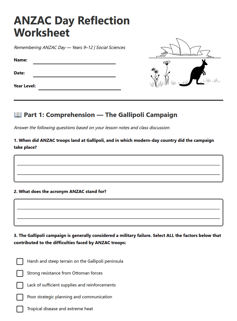 ANZAC Day Reflection Worksheet