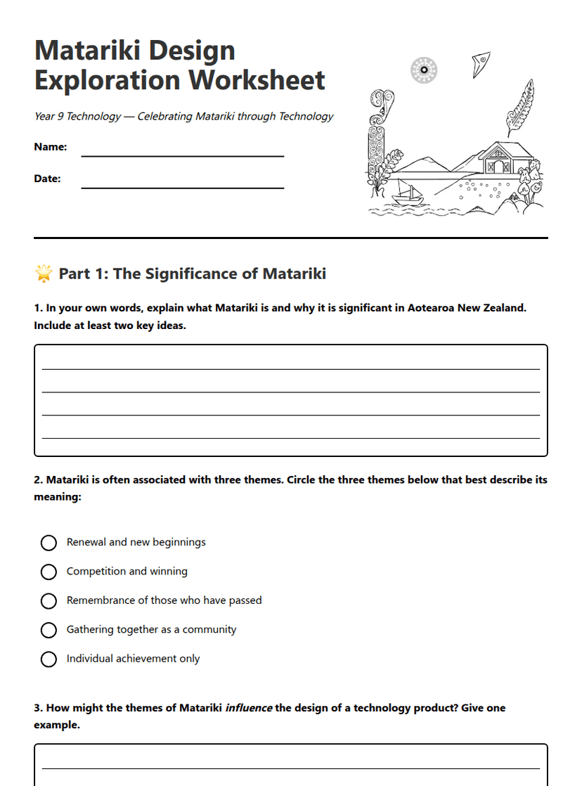 Matariki Design Exploration Worksheet