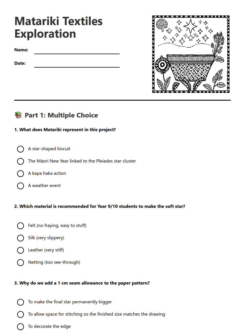 Matariki Textiles Exploration worksheet preview