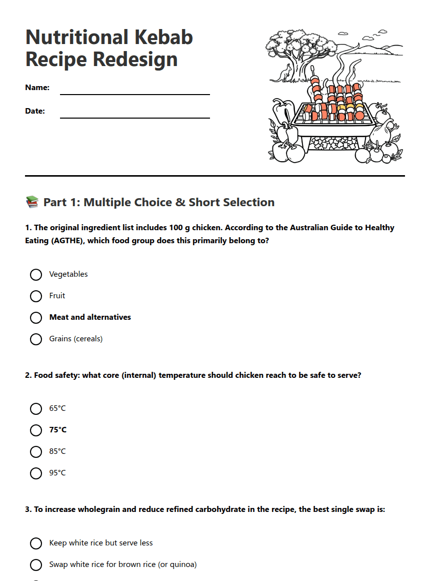 Nutritional Kebab Recipe Redesign worksheet preview