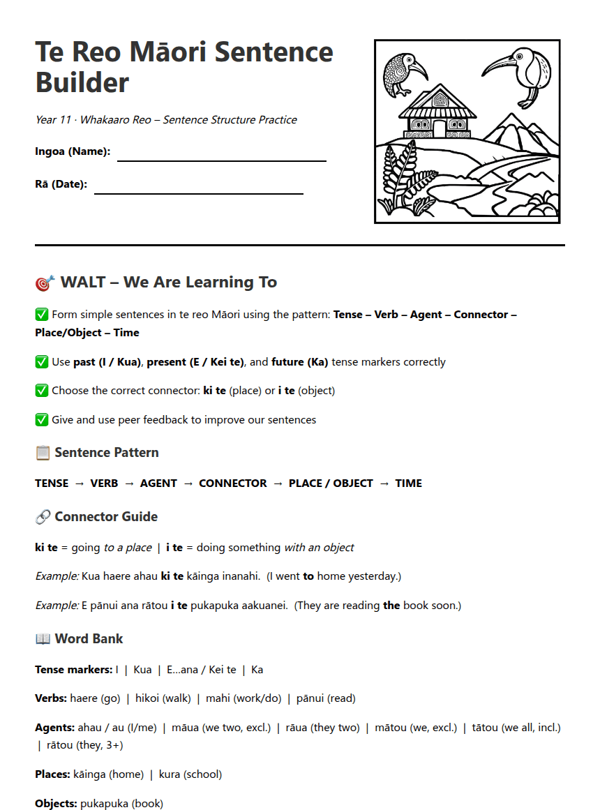 Te Reo Māori Sentence Builder worksheet preview