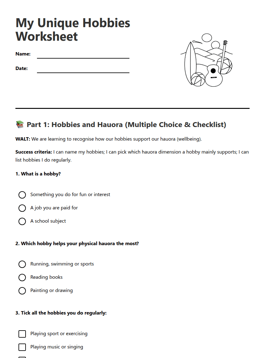 My Unique Hobbies Worksheet worksheet preview