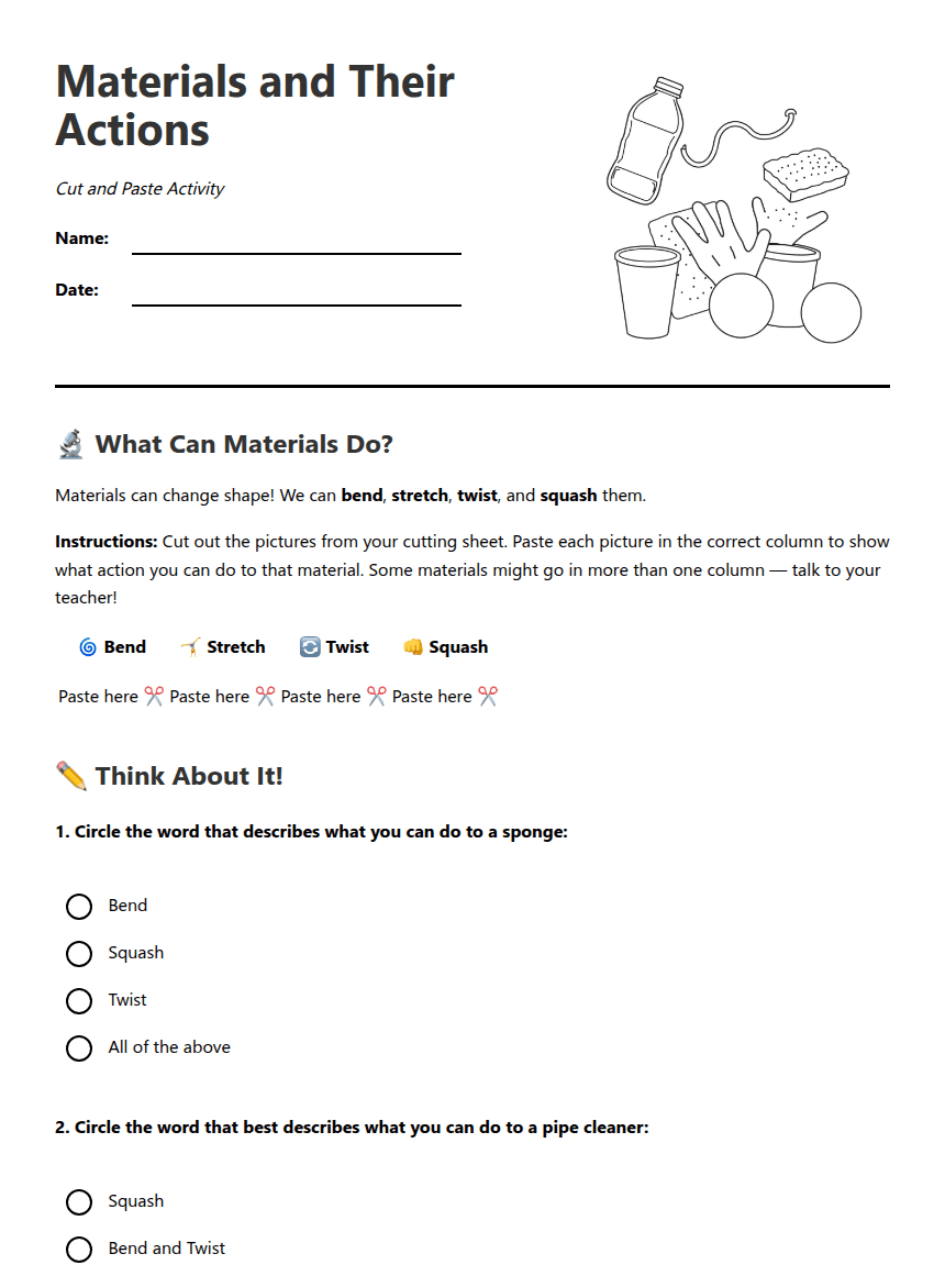 Materials and Their Actions worksheet preview