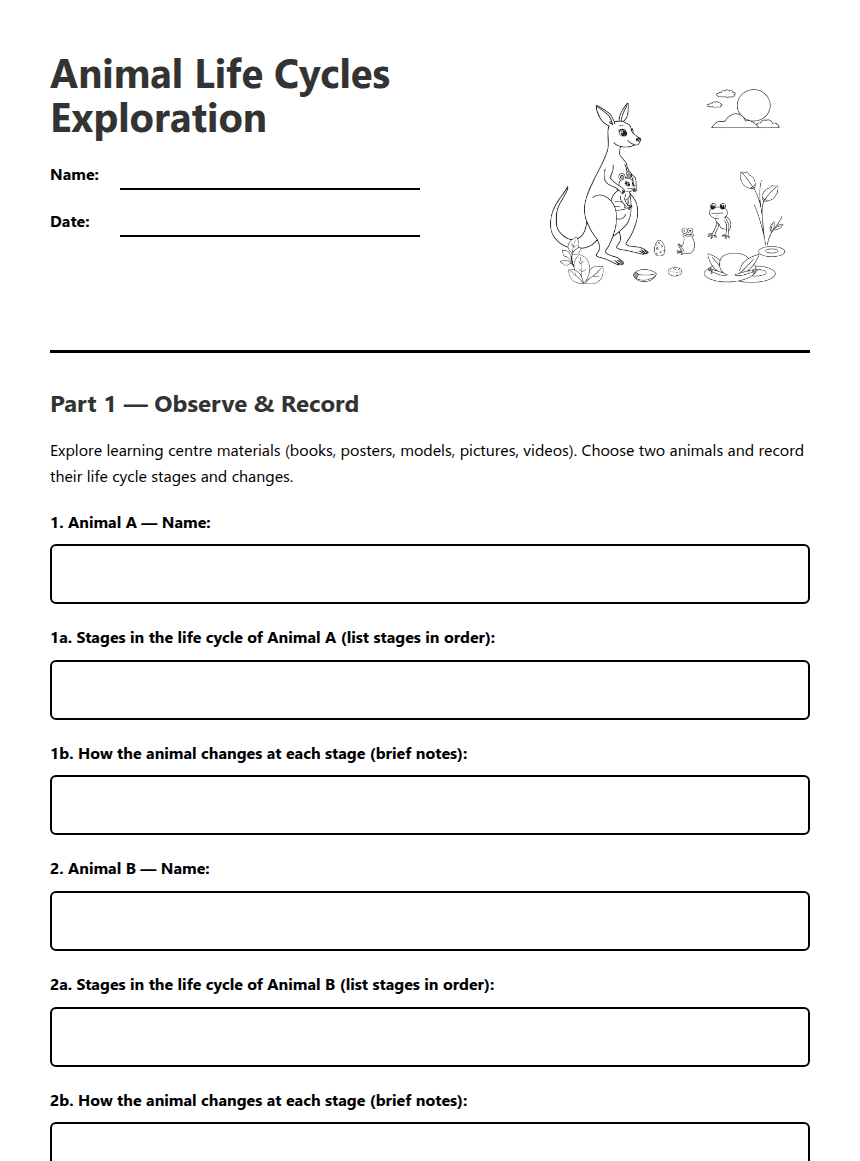 Animal Life Cycles Exploration worksheet preview