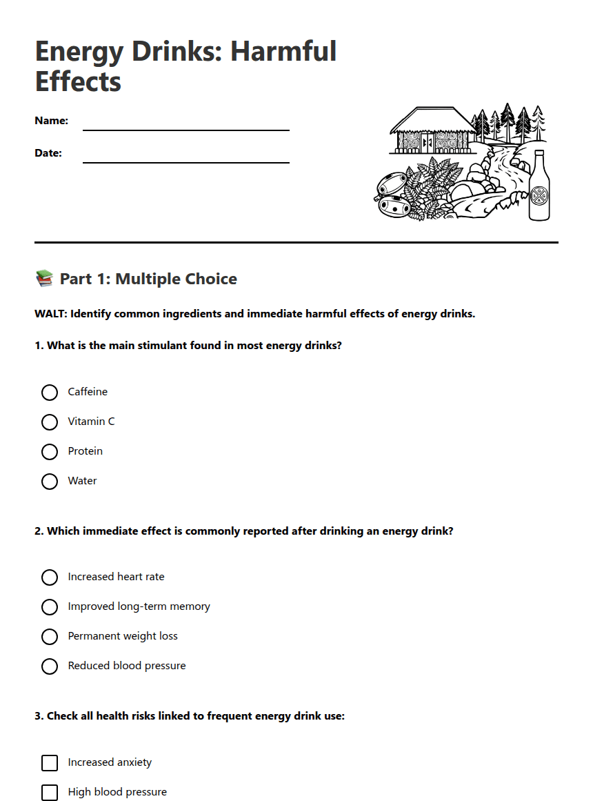 Energy Drinks: Harmful Effects worksheet preview