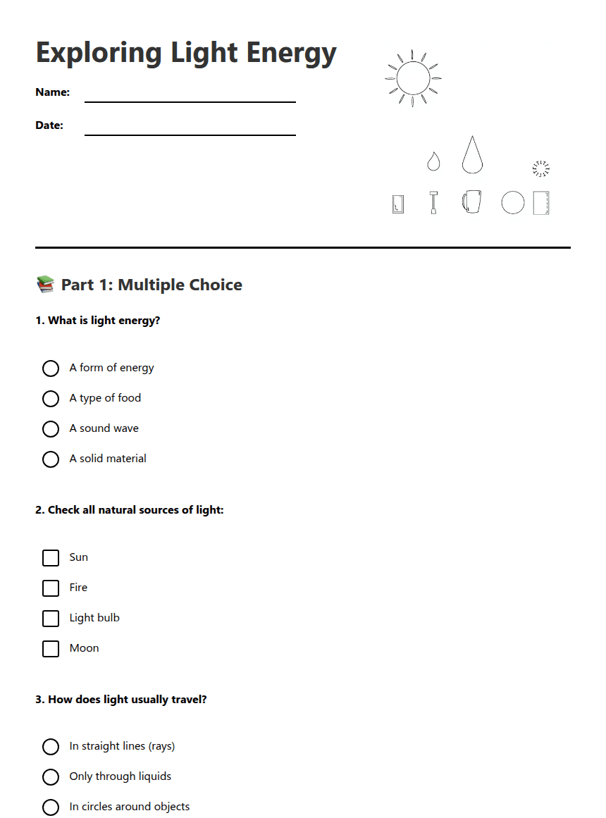 Exploring Light Energy worksheet preview