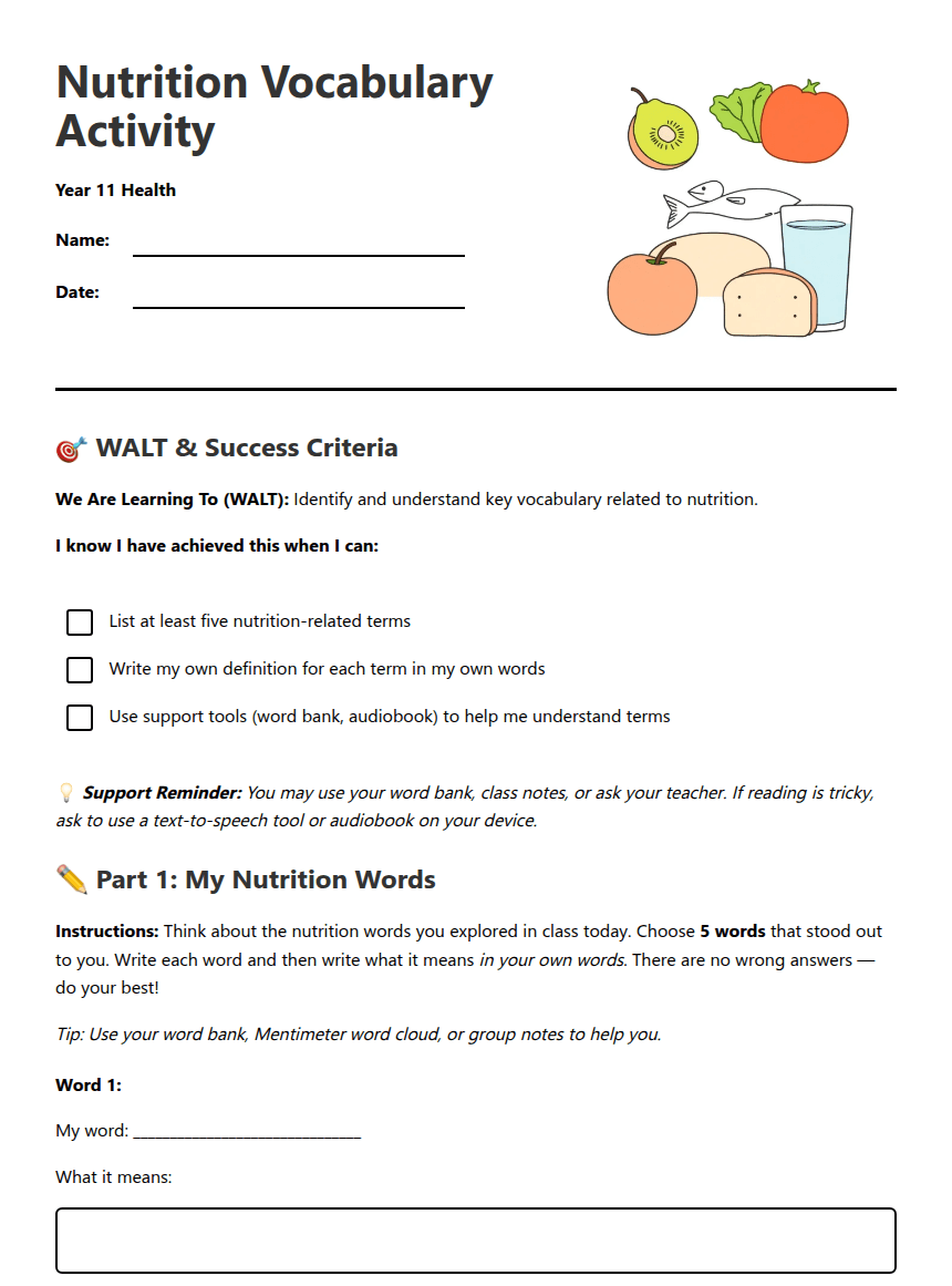 Nutrition Vocabulary Activity worksheet preview