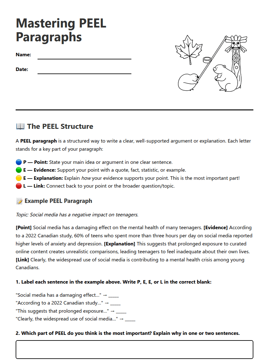 Mastering PEEL Paragraphs worksheet preview