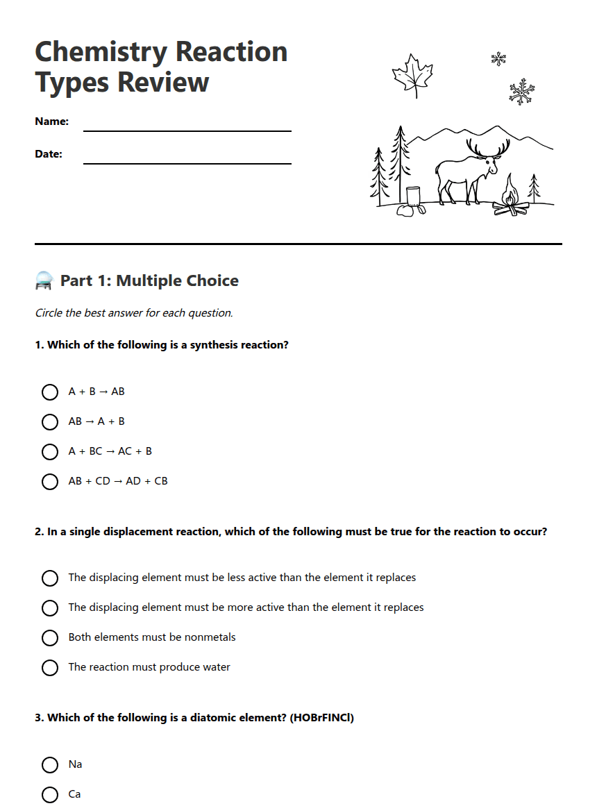 Chemistry Reaction Types Review worksheet preview