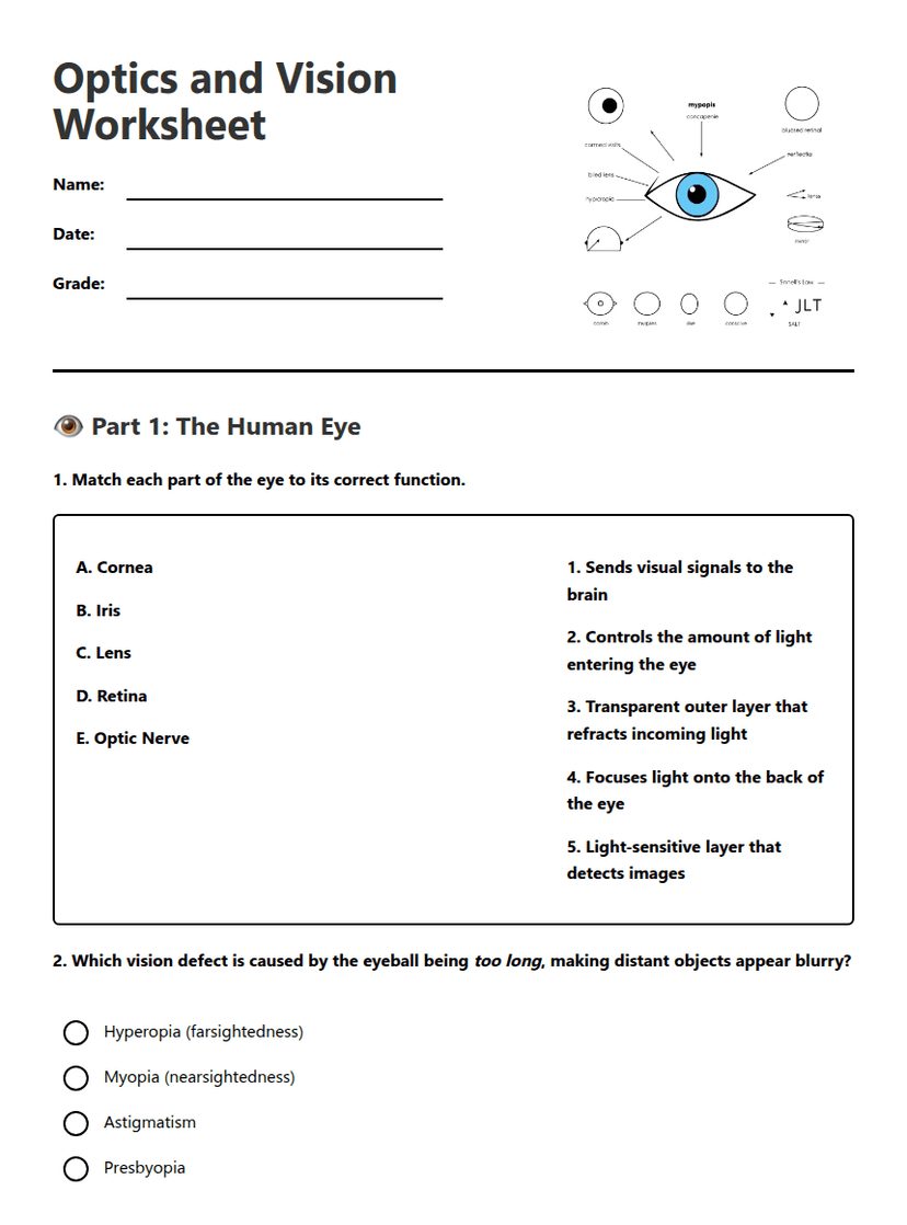 Optics and Vision Worksheet