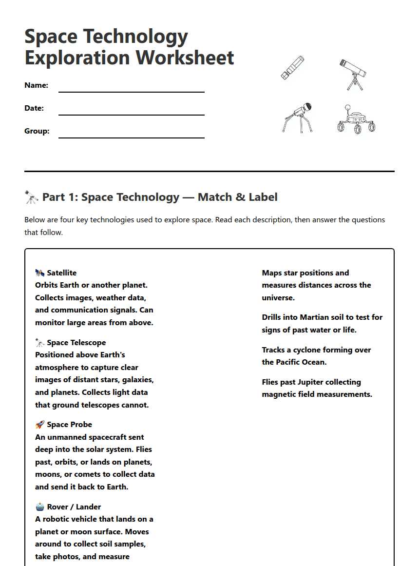 Space Technology Exploration Worksheet worksheet preview