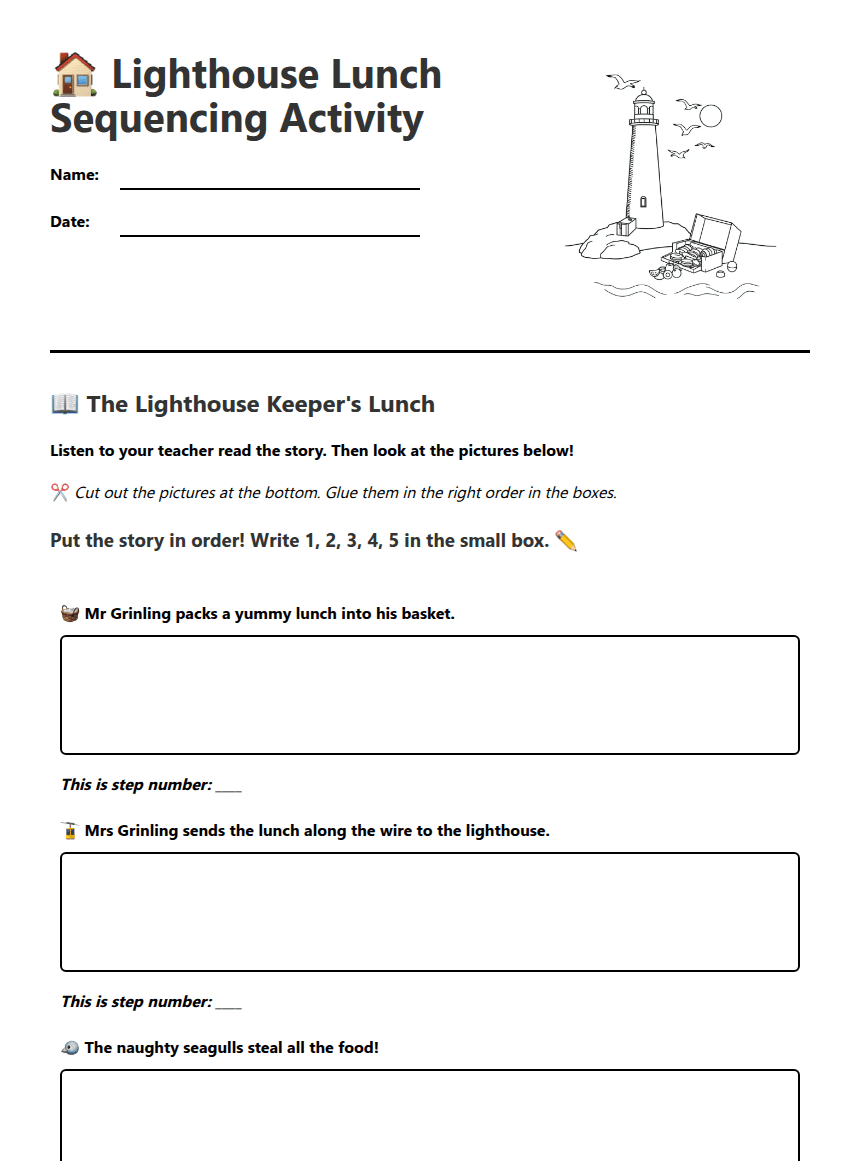 Lighthouse Lunch Sequencing Activity worksheet preview