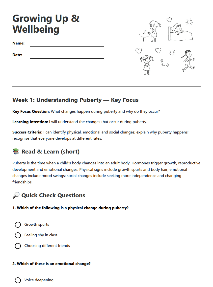 Growing Up & Wellbeing worksheet preview