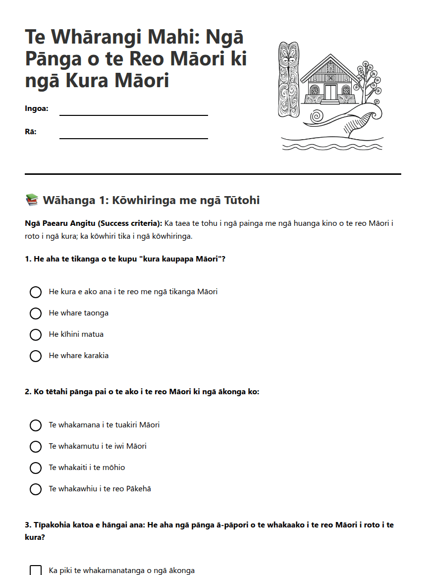 Te Reo Māori Impact Worksheet worksheet preview