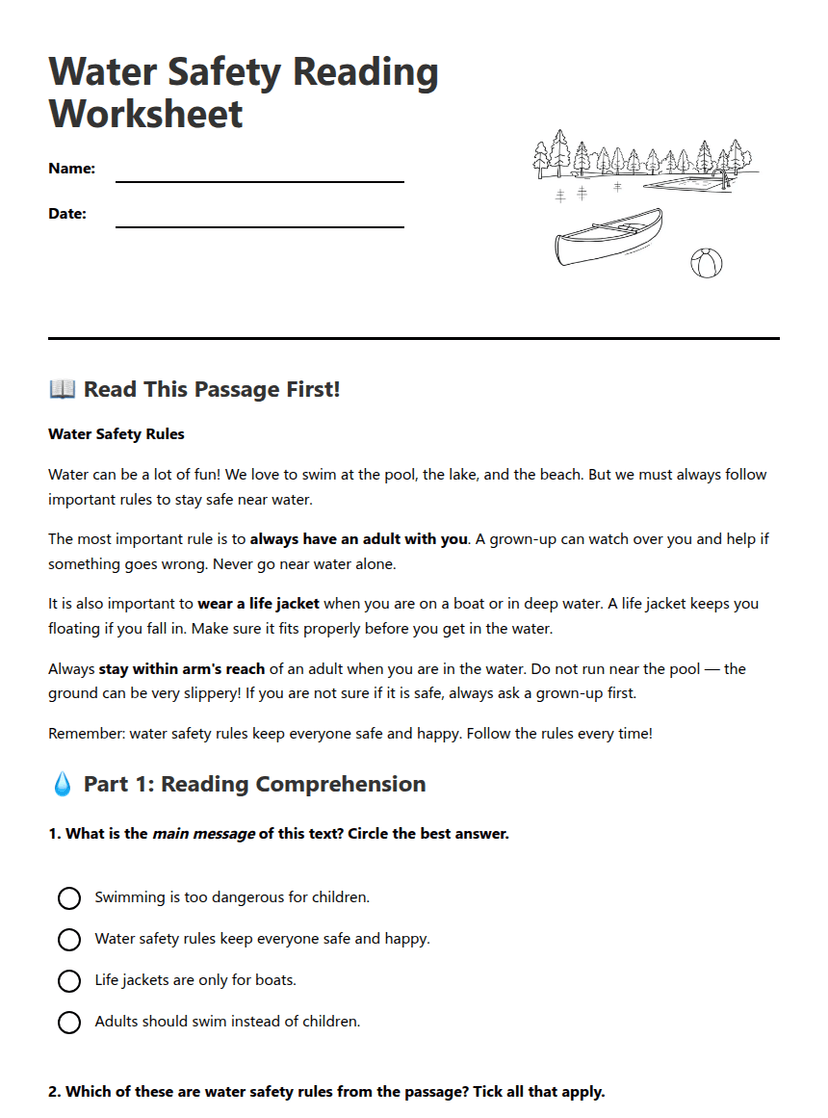 Water Safety Reading Worksheet