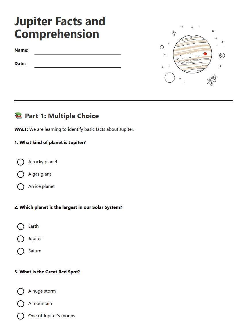 Jupiter Facts and Comprehension worksheet preview