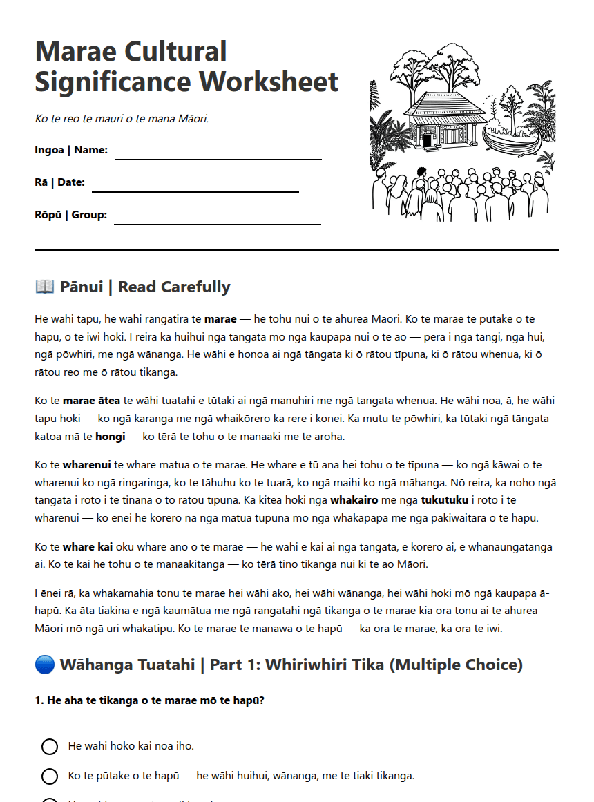 Marae Cultural Significance Worksheet worksheet preview
