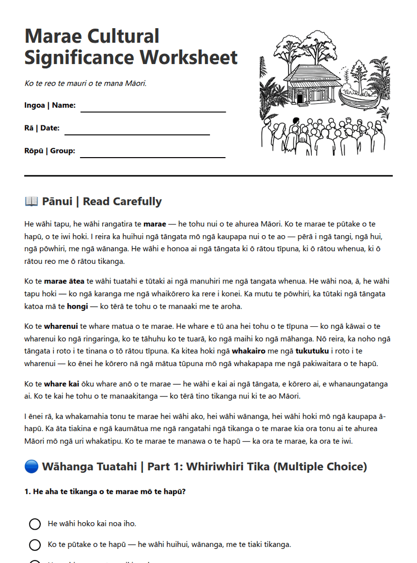 Marae Cultural Significance Worksheet