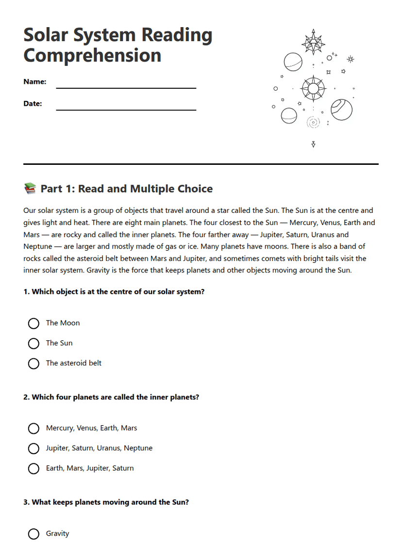 Solar System Reading Comprehension