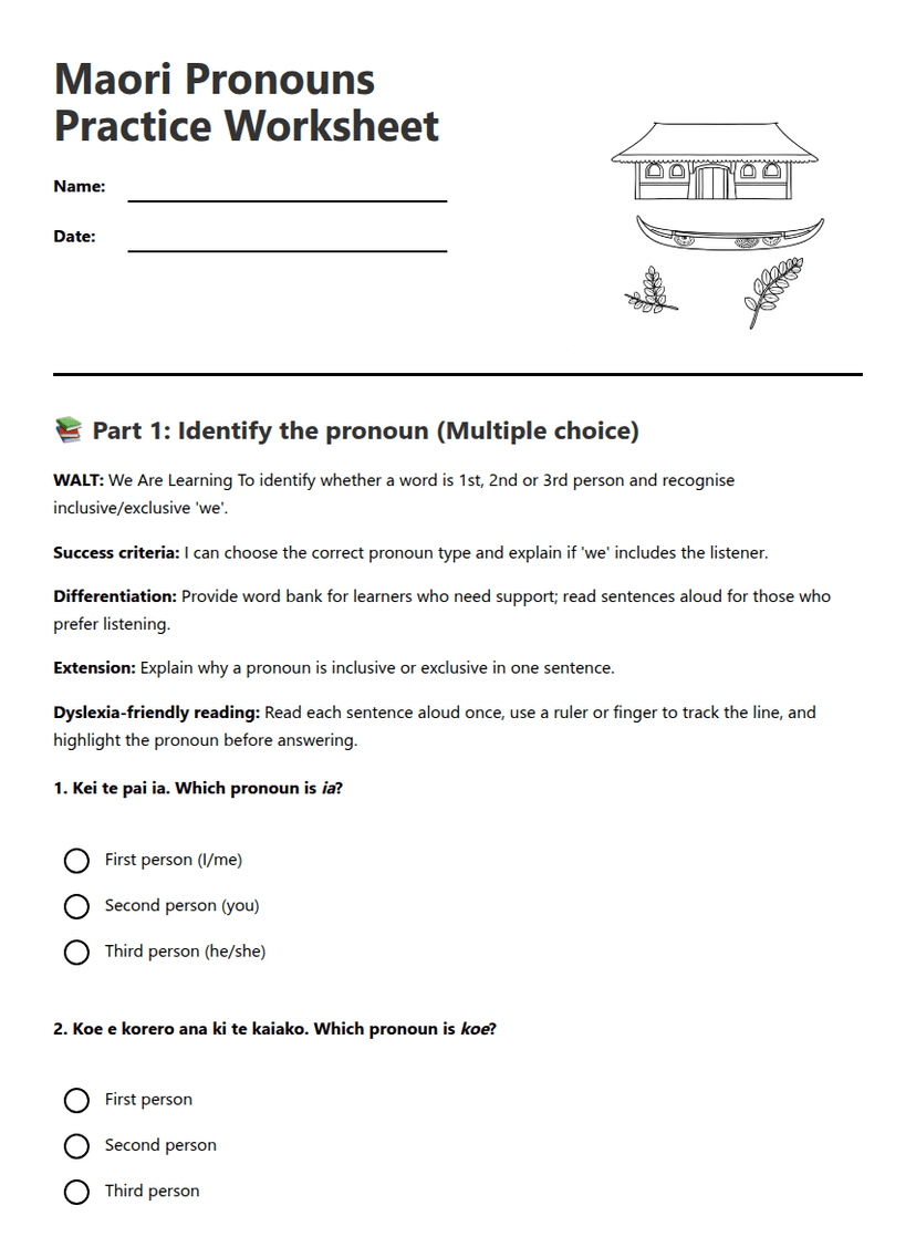 Maori Pronouns Practice Worksheet