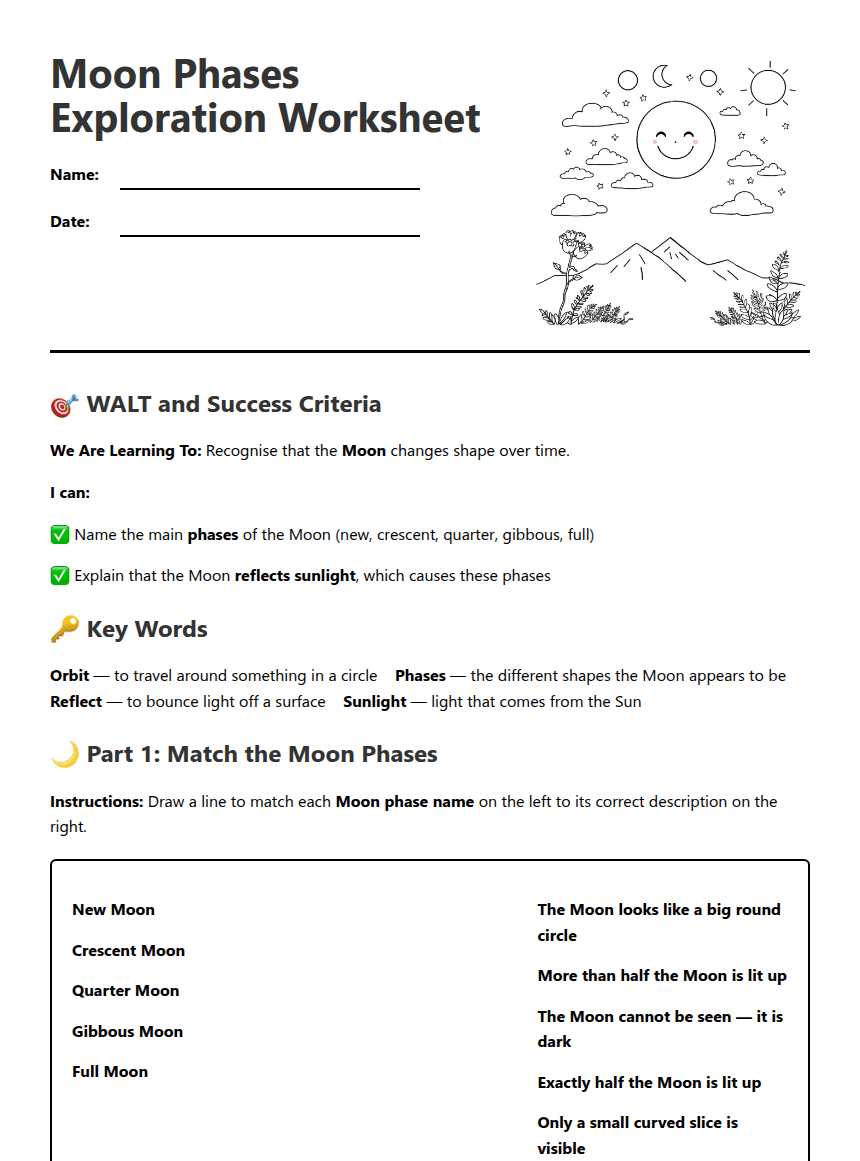 Moon Phases Exploration Worksheet worksheet preview
