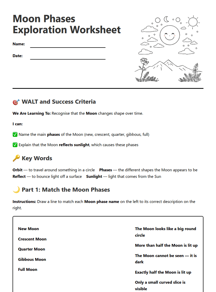 Moon Phases Exploration Worksheet
