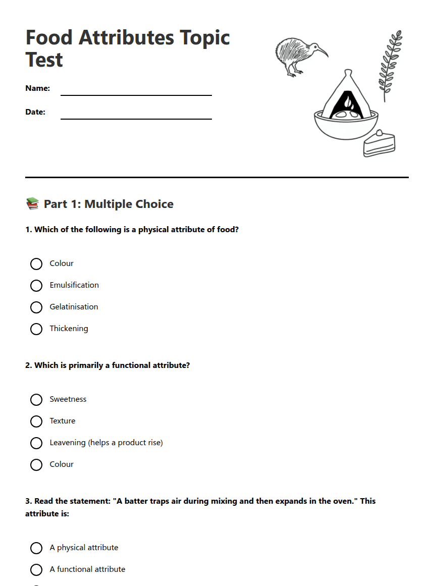 Food Attributes Topic Test worksheet preview