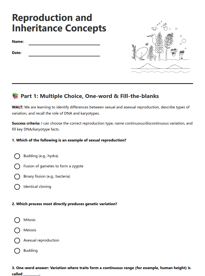 Reproduction and Inheritance Concepts worksheet preview