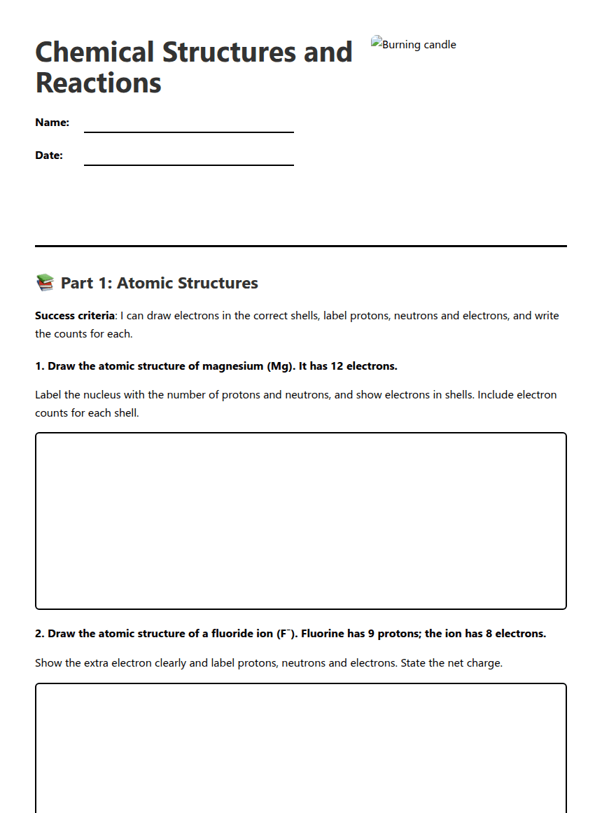 Chemical Structures and Reactions worksheet preview