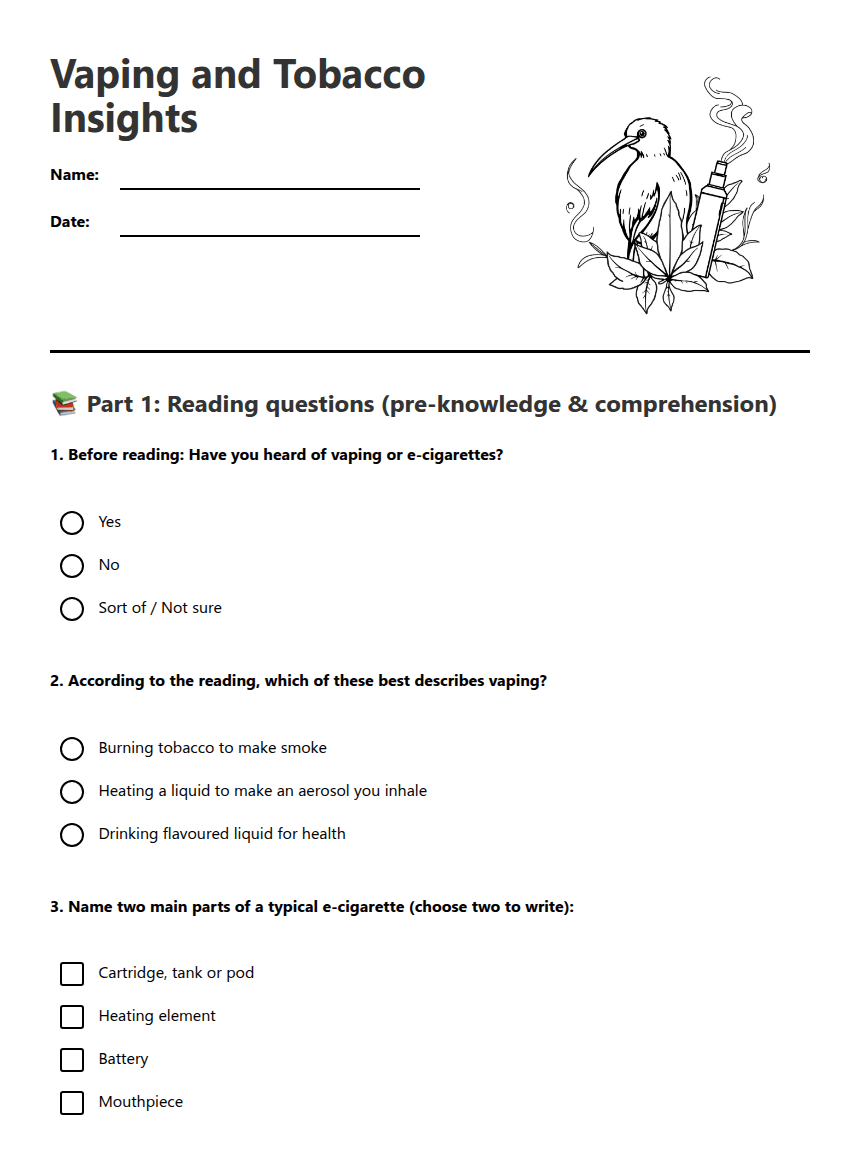 Vaping and Tobacco Insights worksheet preview