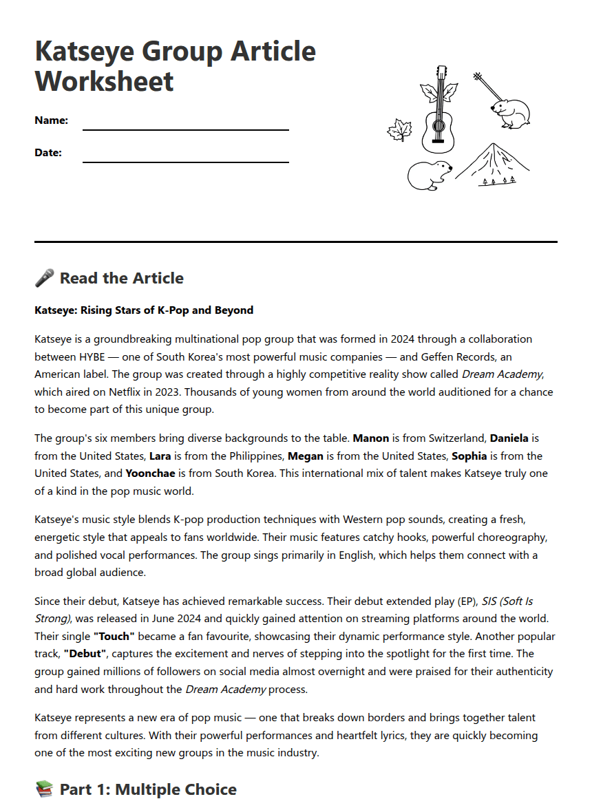 Katseye Group Article Worksheet worksheet preview