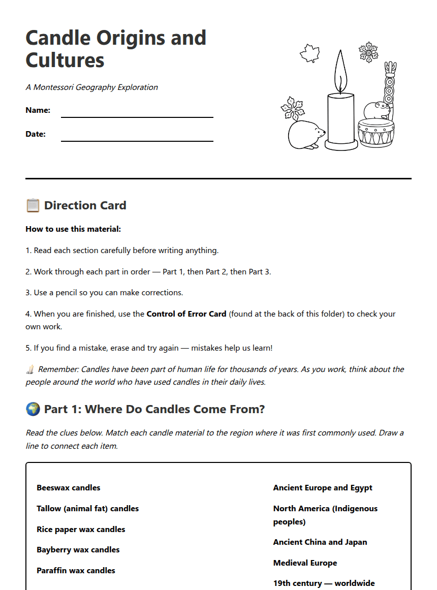 Candle Origins and Cultures worksheet preview