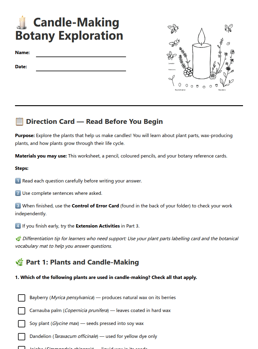 Candle-Making Botany Exploration worksheet preview