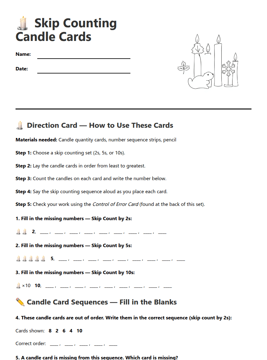 Skip Counting Candle Cards worksheet preview