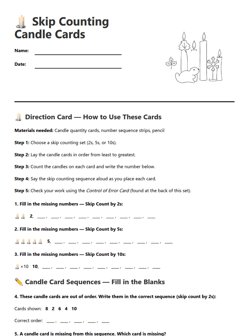 Skip Counting Candle Cards